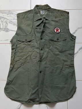Vintage 1930s 1940s Texaco Oil Reg TM Cut Off Sanforized Work Shirt Green Army